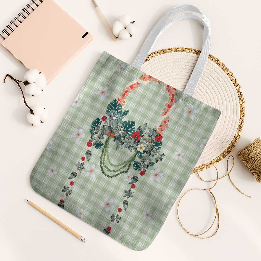 Sage Green Hawaiian Palaka Tote Bag Kukui Nut Money Lei - Polynesian Pride