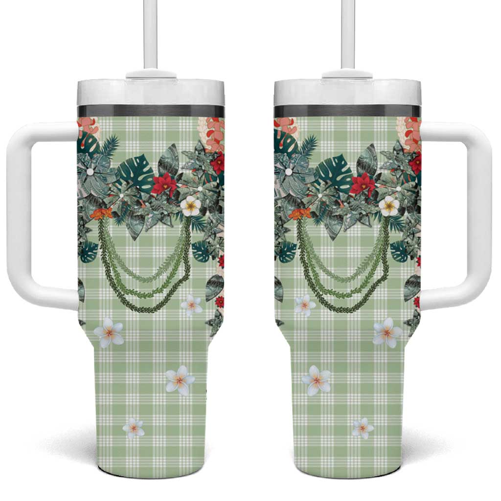 Sage Green Hawaiian Palaka Tumbler With Handle Kukui Nut Money Lei - Polynesian Pride