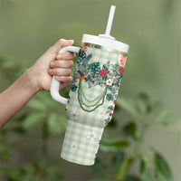 Sage Green Hawaiian Palaka Tumbler With Handle Kukui Nut Money Lei - Polynesian Pride