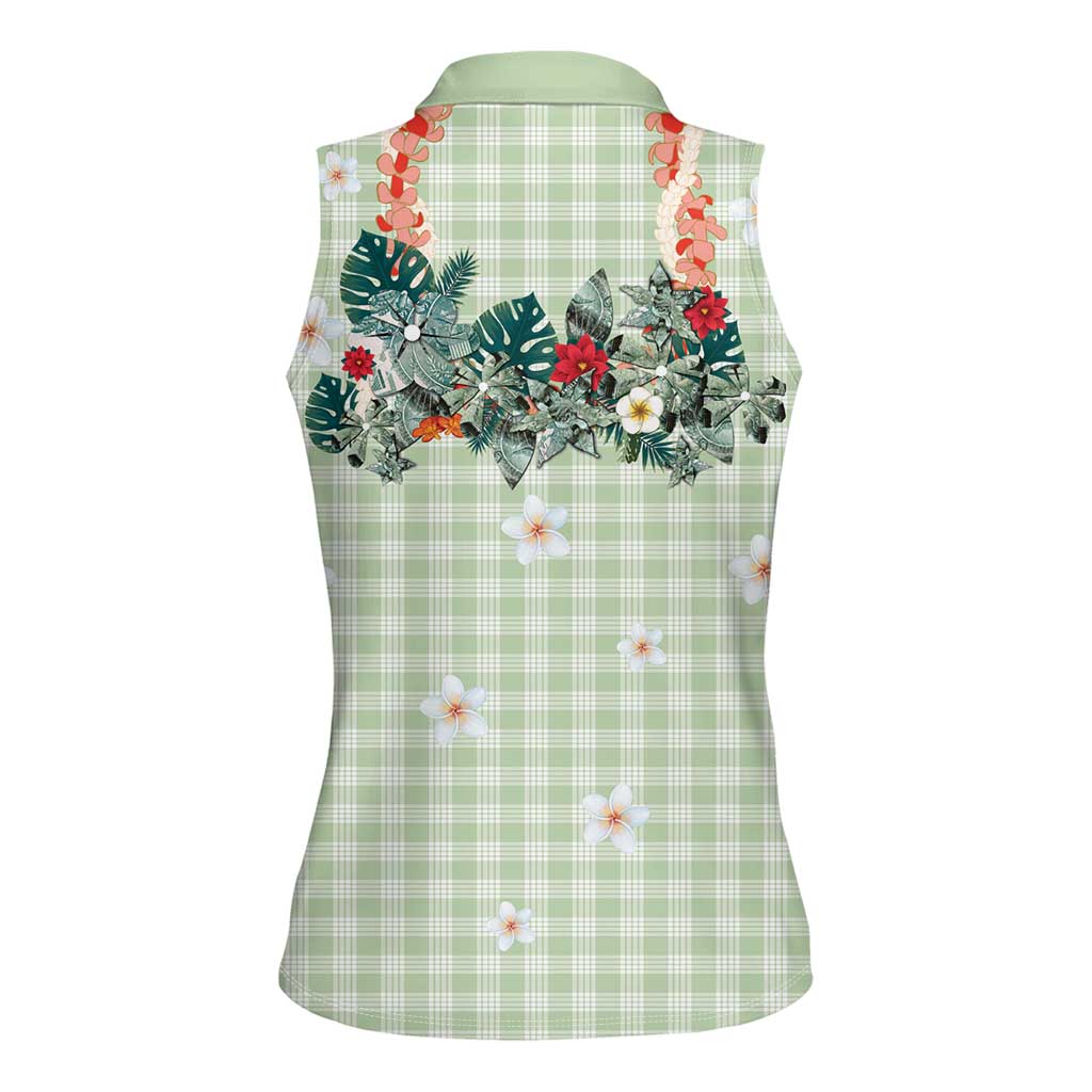 Sage Green Hawaiian Palaka Women Sleeveless Polo Shirt Kukui Nut Money Lei - Polynesian Pride