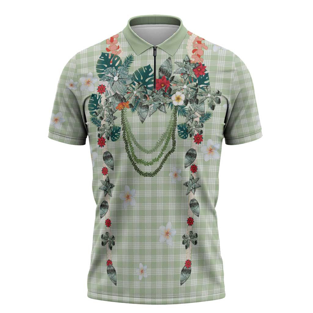 Sage Green Hawaiian Palaka Zipper Polo Shirt Kukui Nut Money Lei - Polynesian Pride