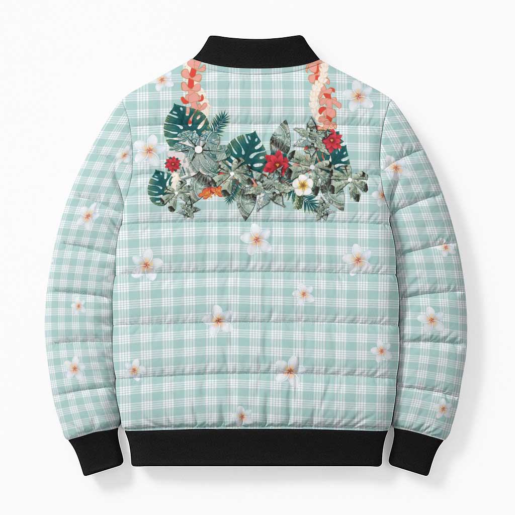 Turquoise Hawaiian Palaka Bomber Puffer Jacket Kukui Nut Money Lei - Polynesian Pride