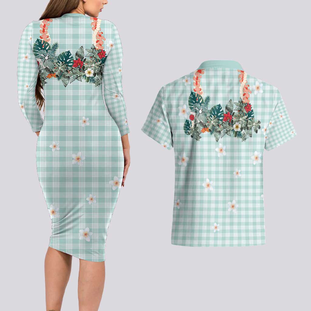 Turquoise Hawaiian Palaka Couples Matching Long Sleeve Bodycon Dress and Hawaiian Shirt Kukui Nut Money Lei - Polynesian Pride