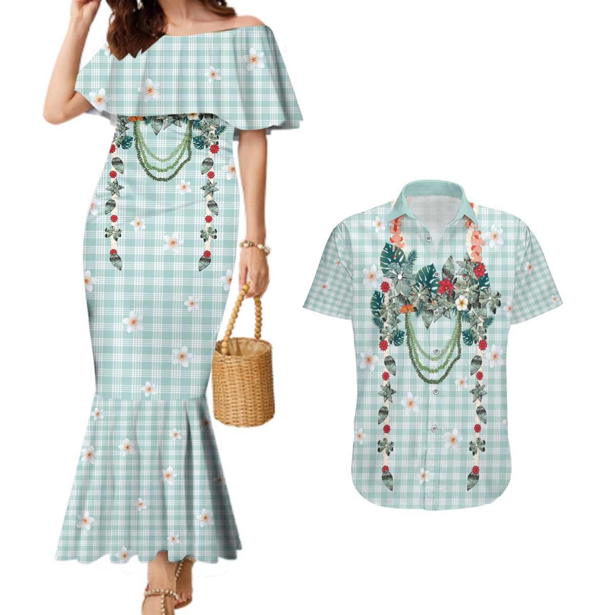 Turquoise Hawaiian Palaka Couples Matching Mermaid Dress and Hawaiian Shirt Kukui Nut Money Lei - Polynesian Pride