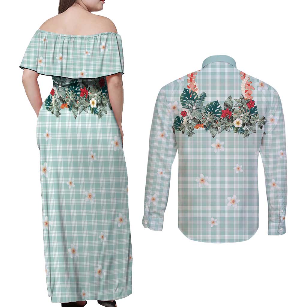 Turquoise Hawaiian Palaka Couples Matching Off Shoulder Maxi Dress and Long Sleeve Button Shirt Kukui Nut Money Lei - Polynesian Pride