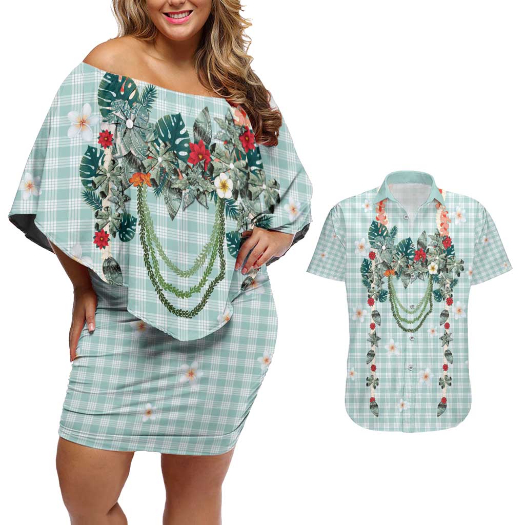 Turquoise Hawaiian Palaka Couples Matching Off Shoulder Short Dress and Hawaiian Shirt Kukui Nut Money Lei - Polynesian Pride