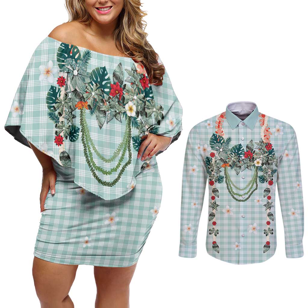 Turquoise Hawaiian Palaka Couples Matching Off Shoulder Short Dress and Long Sleeve Button Shirt Kukui Nut Money Lei - Polynesian Pride