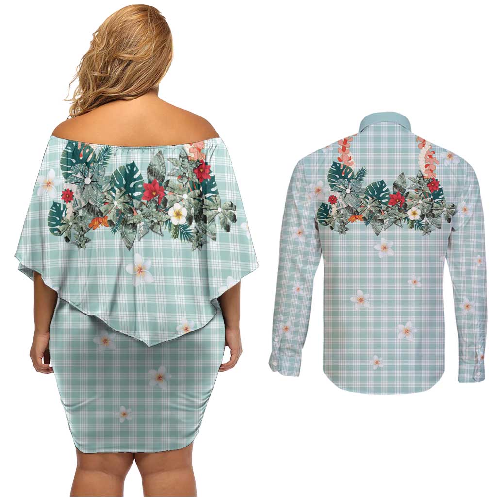 Turquoise Hawaiian Palaka Couples Matching Off Shoulder Short Dress and Long Sleeve Button Shirt Kukui Nut Money Lei - Polynesian Pride