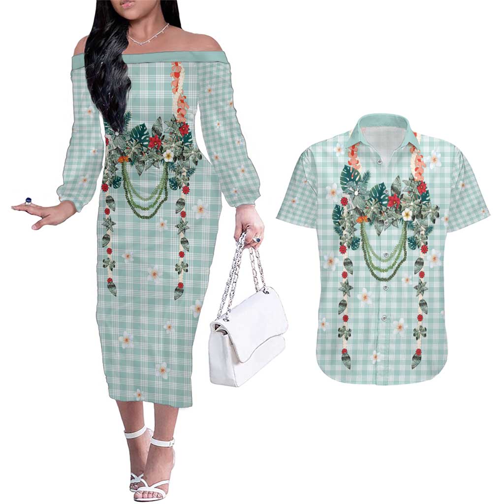 Turquoise Hawaiian Palaka Couples Matching Off The Shoulder Long Sleeve Dress and Hawaiian Shirt Kukui Nut Money Lei - Polynesian Pride
