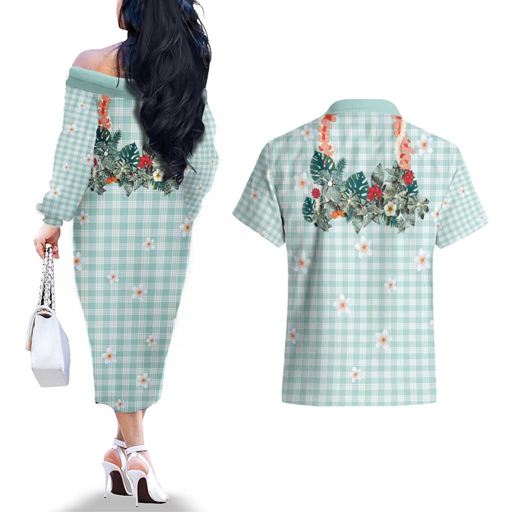 Turquoise Hawaiian Palaka Couples Matching Off The Shoulder Long Sleeve Dress and Hawaiian Shirt Kukui Nut Money Lei - Polynesian Pride