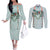 Turquoise Hawaiian Palaka Couples Matching Off The Shoulder Long Sleeve Dress and Long Sleeve Button Shirt Kukui Nut Money Lei - Polynesian Pride