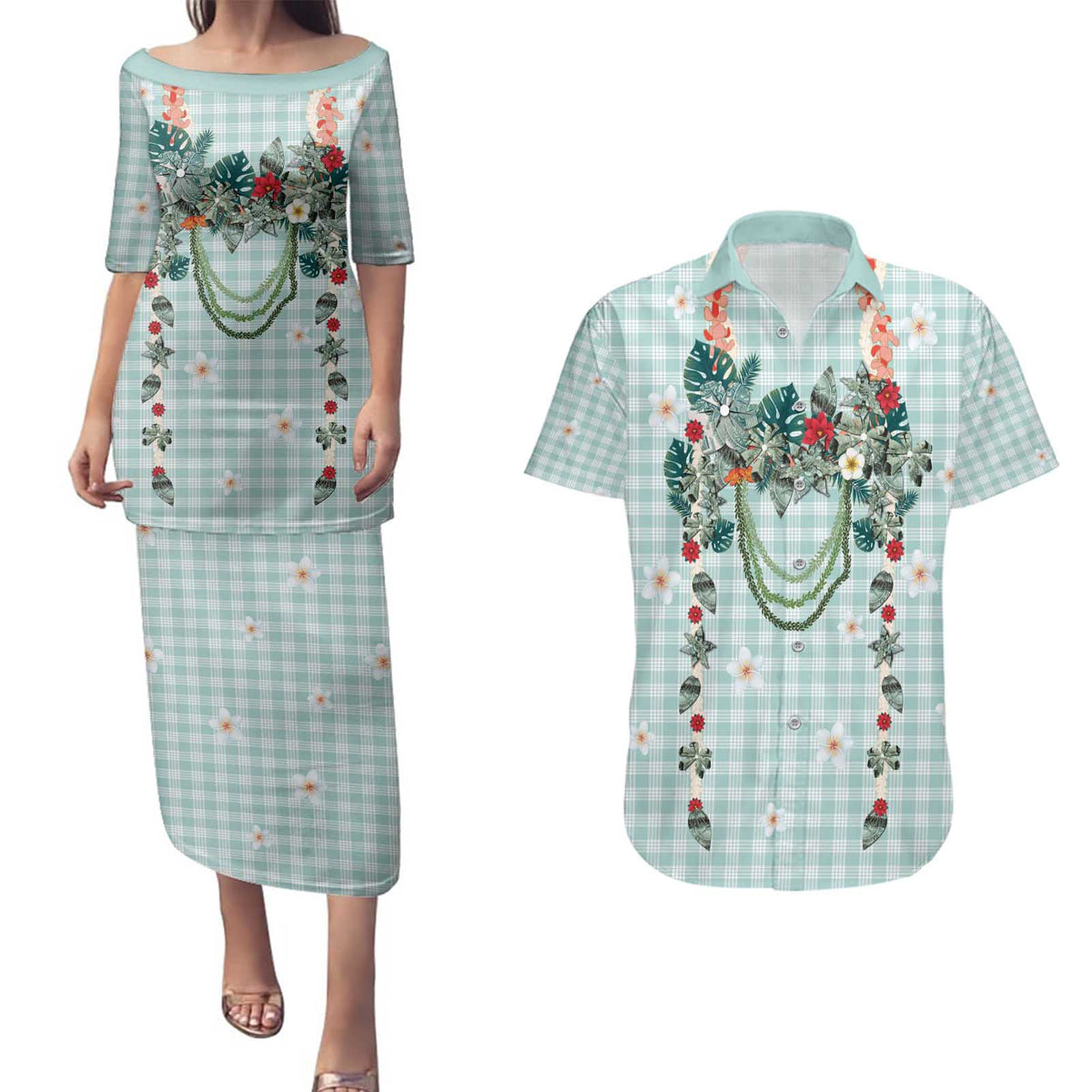 Turquoise Hawaiian Palaka Couples Matching Puletasi and Hawaiian Shirt Kukui Nut Money Lei - Polynesian Pride