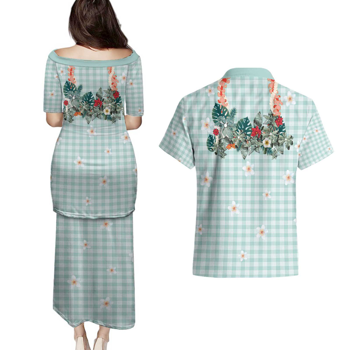 Turquoise Hawaiian Palaka Couples Matching Puletasi and Hawaiian Shirt Kukui Nut Money Lei - Polynesian Pride