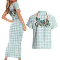 Turquoise Hawaiian Palaka Couples Matching Short Sleeve Bodycon Dress and Hawaiian Shirt Kukui Nut Money Lei - Polynesian Pride