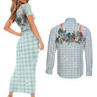 Turquoise Hawaiian Palaka Couples Matching Short Sleeve Bodycon Dress and Long Sleeve Button Shirt Kukui Nut Money Lei - Polynesian Pride