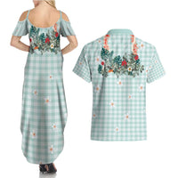 Turquoise Hawaiian Palaka Couples Matching Summer Maxi Dress and Hawaiian Shirt Kukui Nut Money Lei - Polynesian Pride