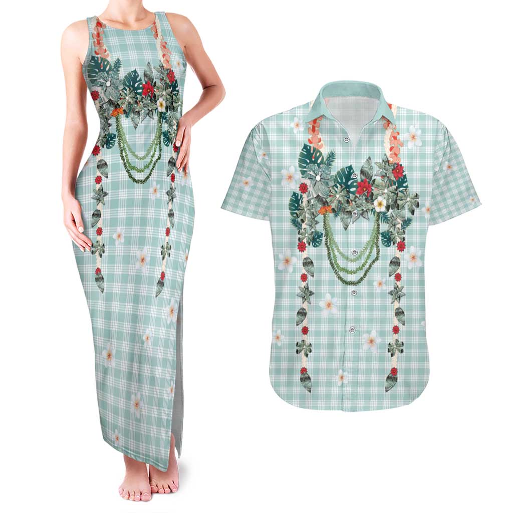 Turquoise Hawaiian Palaka Couples Matching Tank Maxi Dress and Hawaiian Shirt Kukui Nut Money Lei - Polynesian Pride