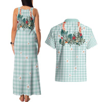 Turquoise Hawaiian Palaka Couples Matching Tank Maxi Dress and Hawaiian Shirt Kukui Nut Money Lei - Polynesian Pride