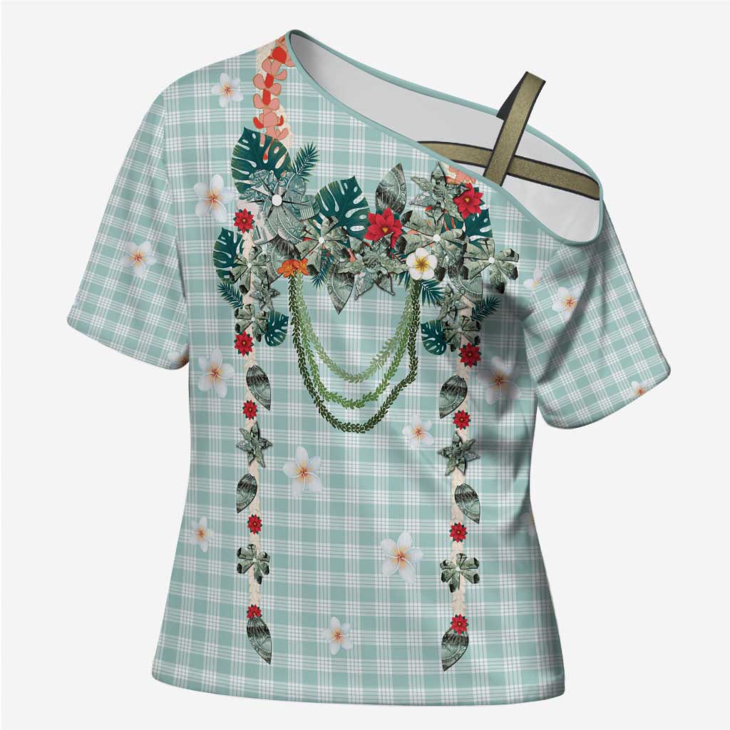 Turquoise Hawaiian Palaka Cross Shoulder Shirt Kukui Nut Money Lei - Polynesian Pride