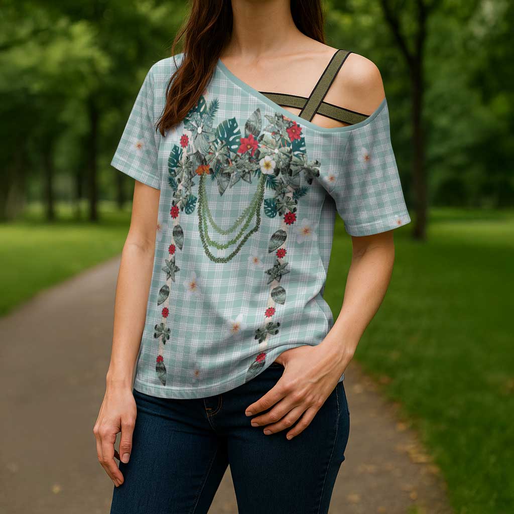 Turquoise Hawaiian Palaka Cross Shoulder Shirt Kukui Nut Money Lei - Polynesian Pride