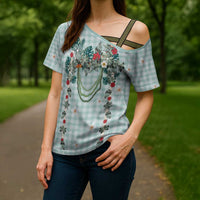 Turquoise Hawaiian Palaka Cross Shoulder Shirt Kukui Nut Money Lei - Polynesian Pride