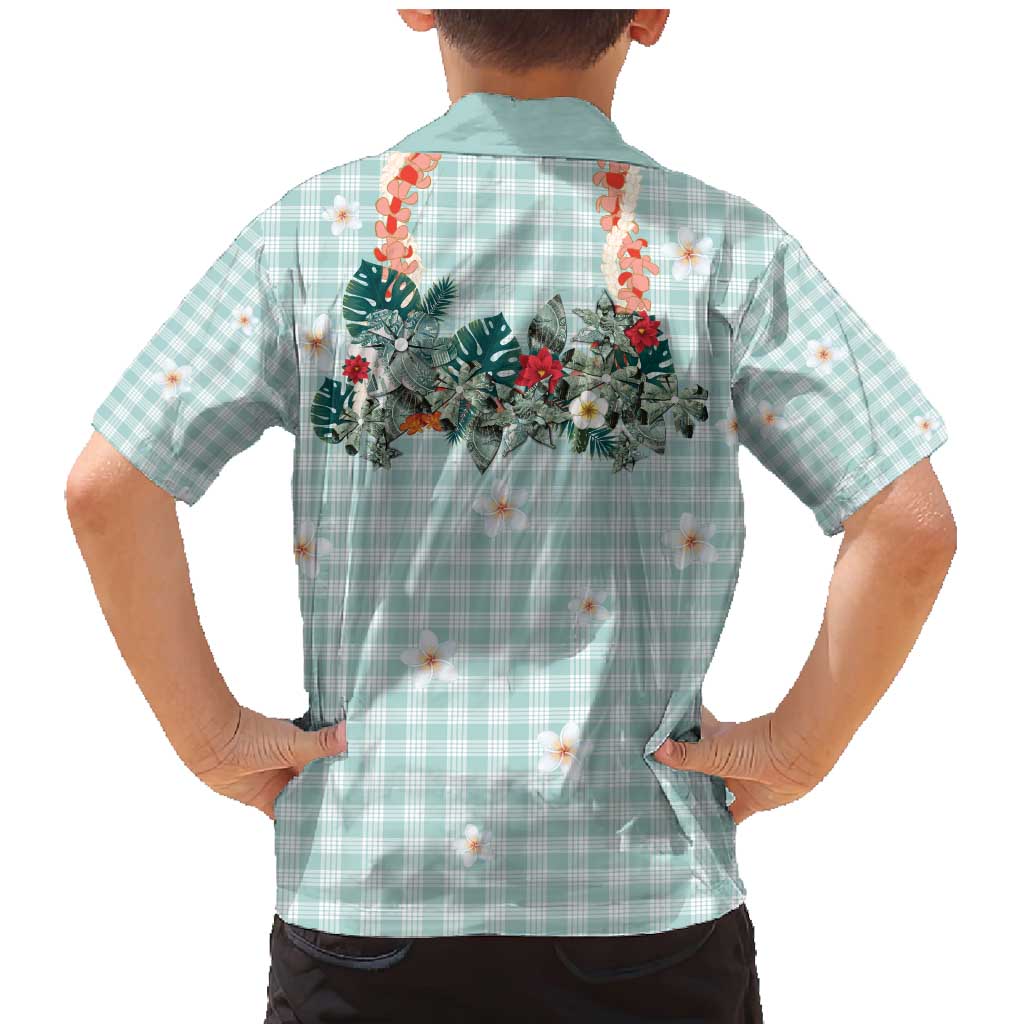 Turquoise Hawaiian Palaka Family Matching Mermaid Dress and Hawaiian Shirt Kukui Nut Money Lei - Polynesian Pride