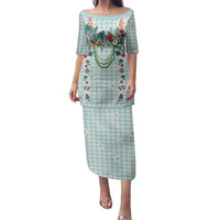 Turquoise Hawaiian Palaka Family Matching Puletasi and Hawaiian Shirt Kukui Nut Money Lei - Polynesian Pride