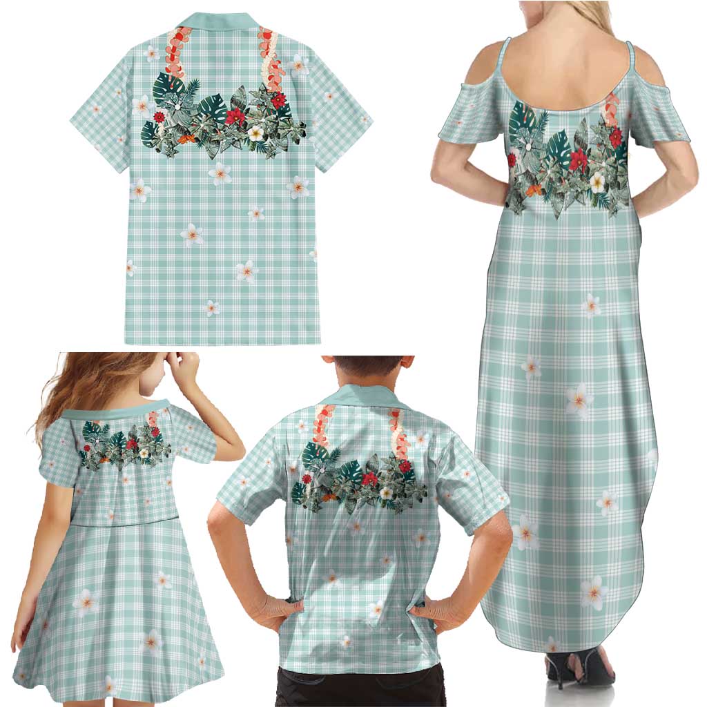 Turquoise Hawaiian Palaka Family Matching Summer Maxi Dress and Hawaiian Shirt Kukui Nut Money Lei - Polynesian Pride