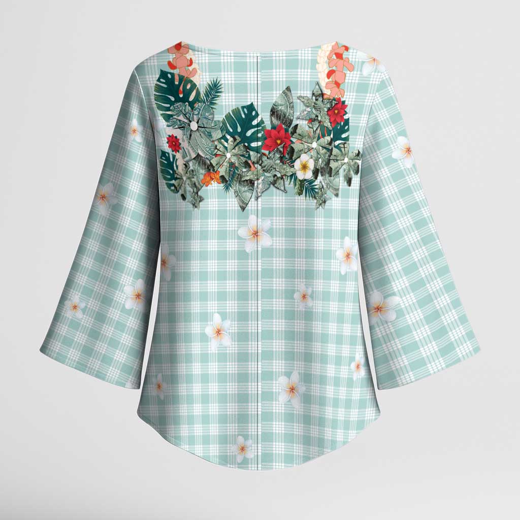 Turquoise Hawaiian Palaka Kimono Sleeve Blouse Kukui Nut Money Lei - Polynesian Pride