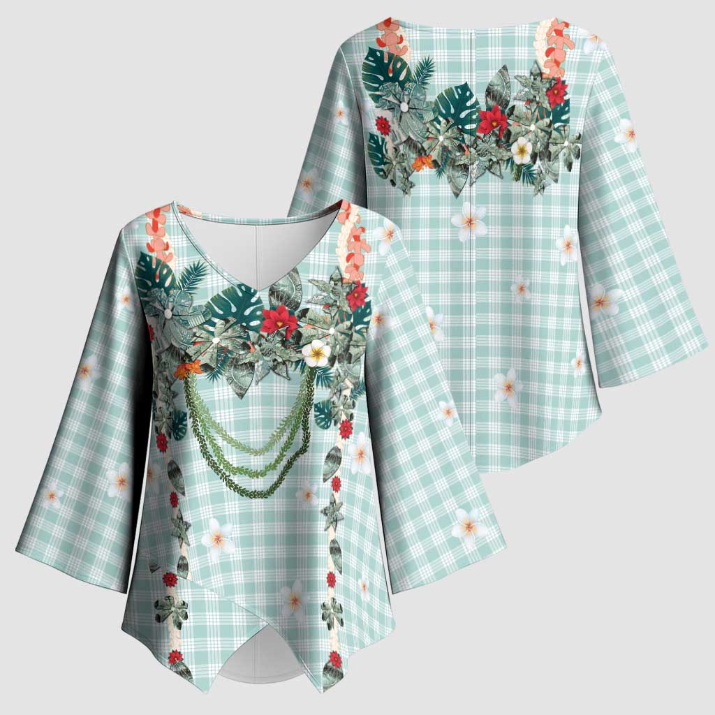 Turquoise Hawaiian Palaka Kimono Sleeve Blouse Kukui Nut Money Lei - Polynesian Pride