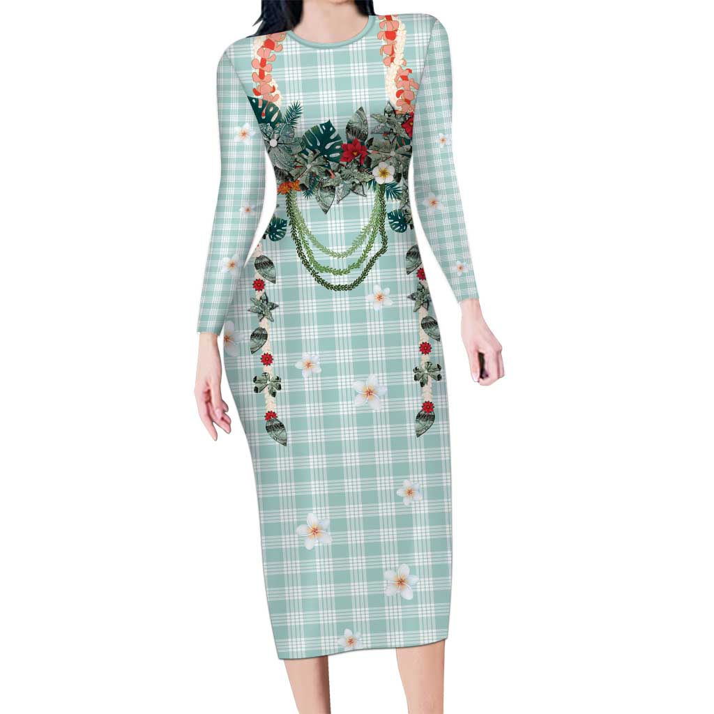 Turquoise Hawaiian Palaka Long Sleeve Bodycon Dress Kukui Nut Money Lei - Polynesian Pride