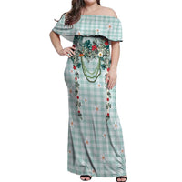 Turquoise Hawaiian Palaka Off Shoulder Maxi Dress Kukui Nut Money Lei - Polynesian Pride