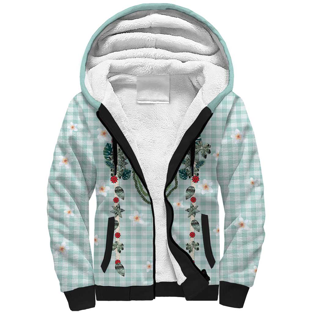 Turquoise Hawaiian Palaka Sherpa Hoodie Kukui Nut Money Lei - Polynesian Pride