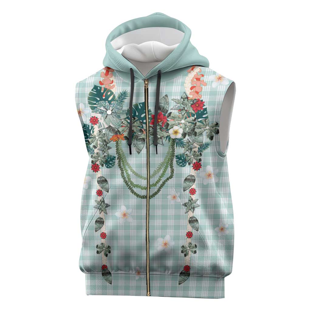 Turquoise Hawaiian Palaka Sleeveless Zip Hoodie Kukui Nut Money Lei - Polynesian Pride