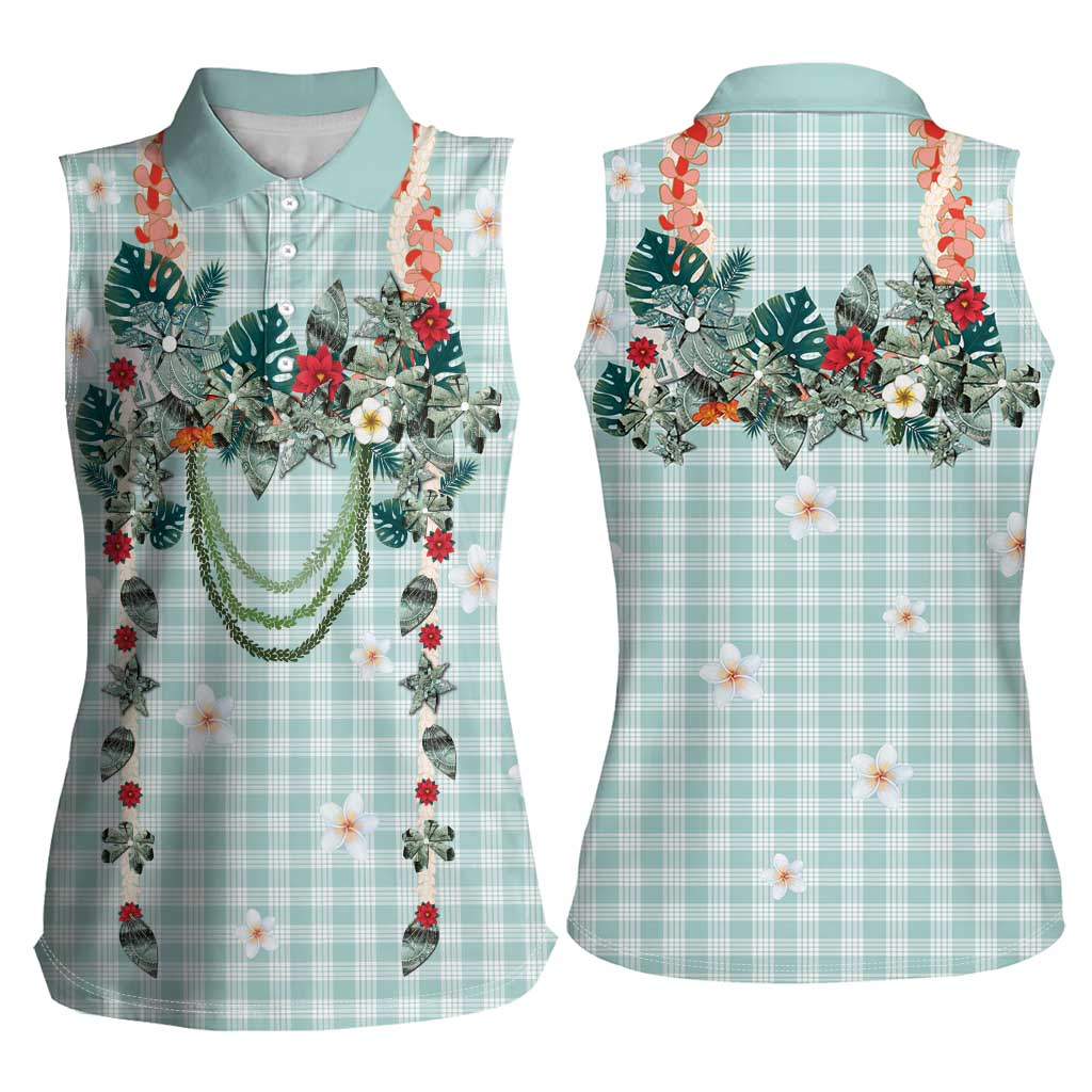Turquoise Hawaiian Palaka Women Sleeveless Polo Shirt Kukui Nut Money Lei - Polynesian Pride
