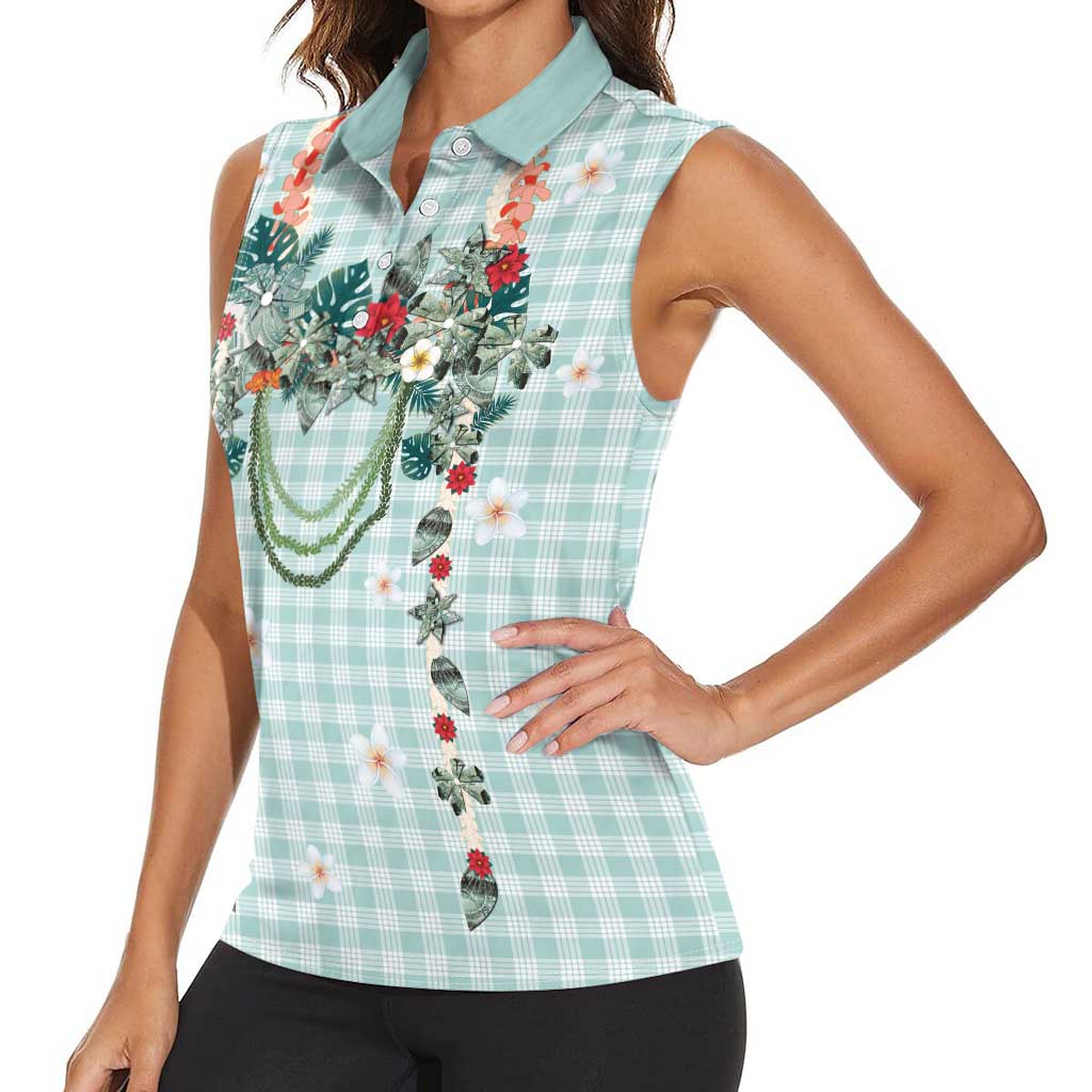Turquoise Hawaiian Palaka Women Sleeveless Polo Shirt Kukui Nut Money Lei - Polynesian Pride