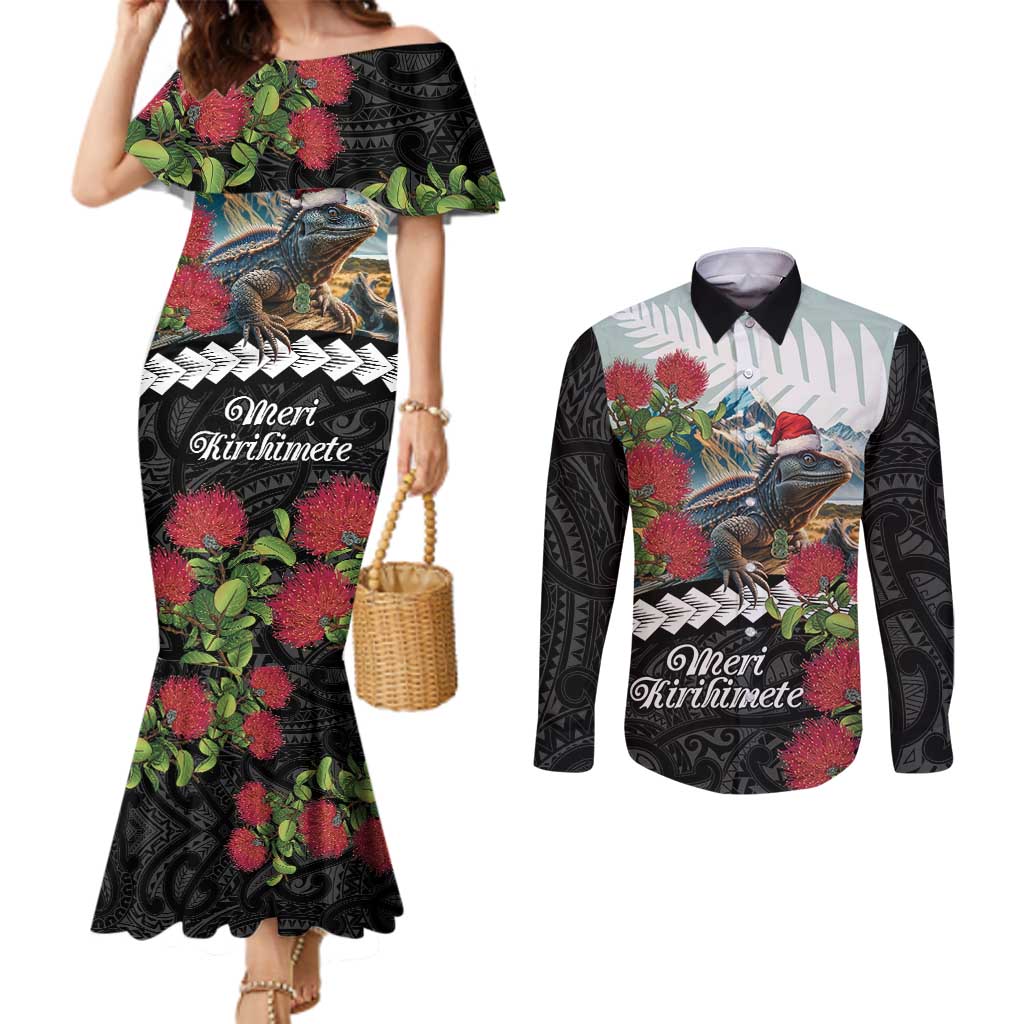 Meri Kirihimete Tuatara Couples Matching Mermaid Dress and Long Sleeve Button Shirt New Zealand Fern with Puhutukawa Flowers