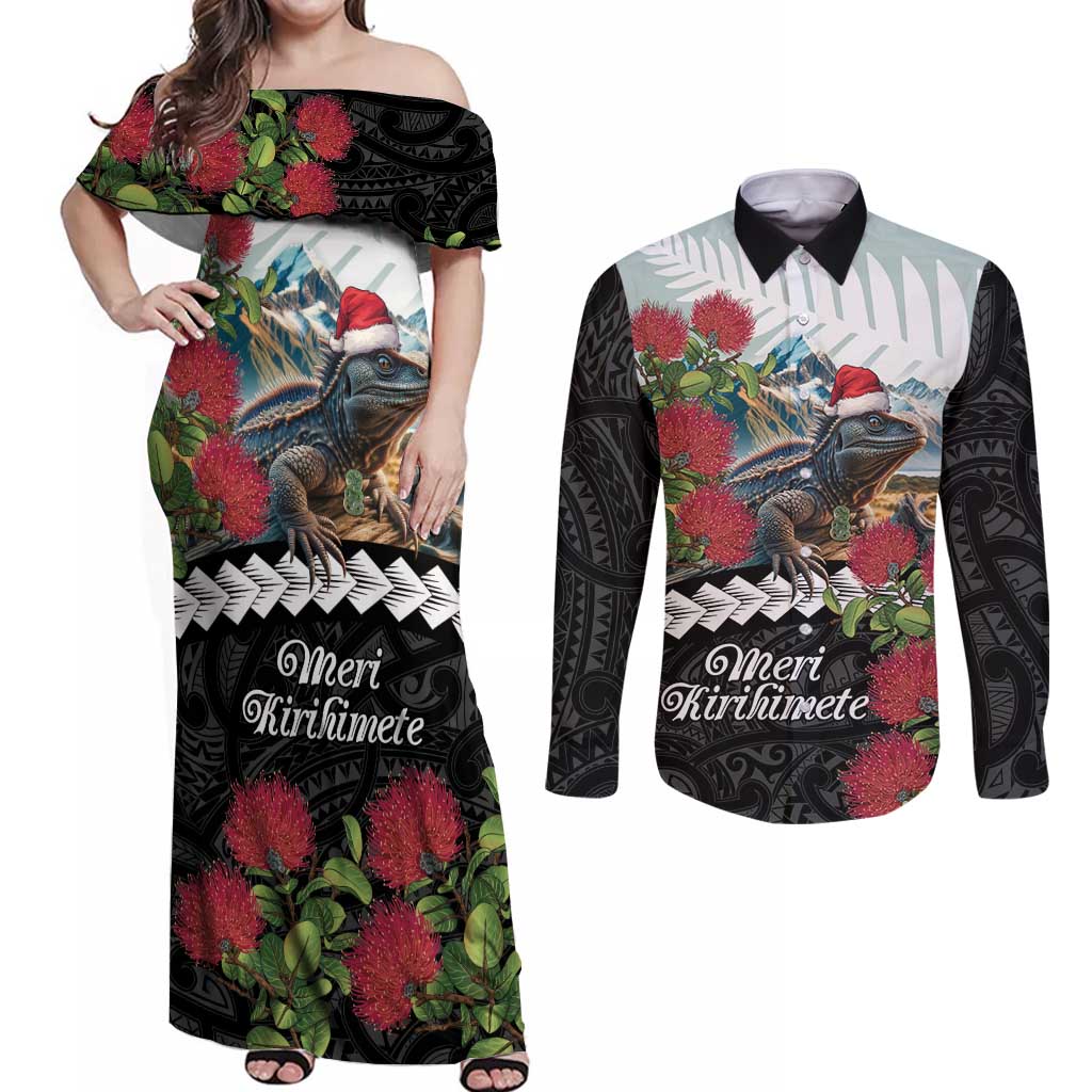 Meri Kirihimete Tuatara Couples Matching Off Shoulder Maxi Dress and Long Sleeve Button Shirt New Zealand Fern with Puhutukawa Flowers