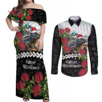 Meri Kirihimete Tuatara Couples Matching Off Shoulder Maxi Dress and Long Sleeve Button Shirt New Zealand Fern with Puhutukawa Flowers