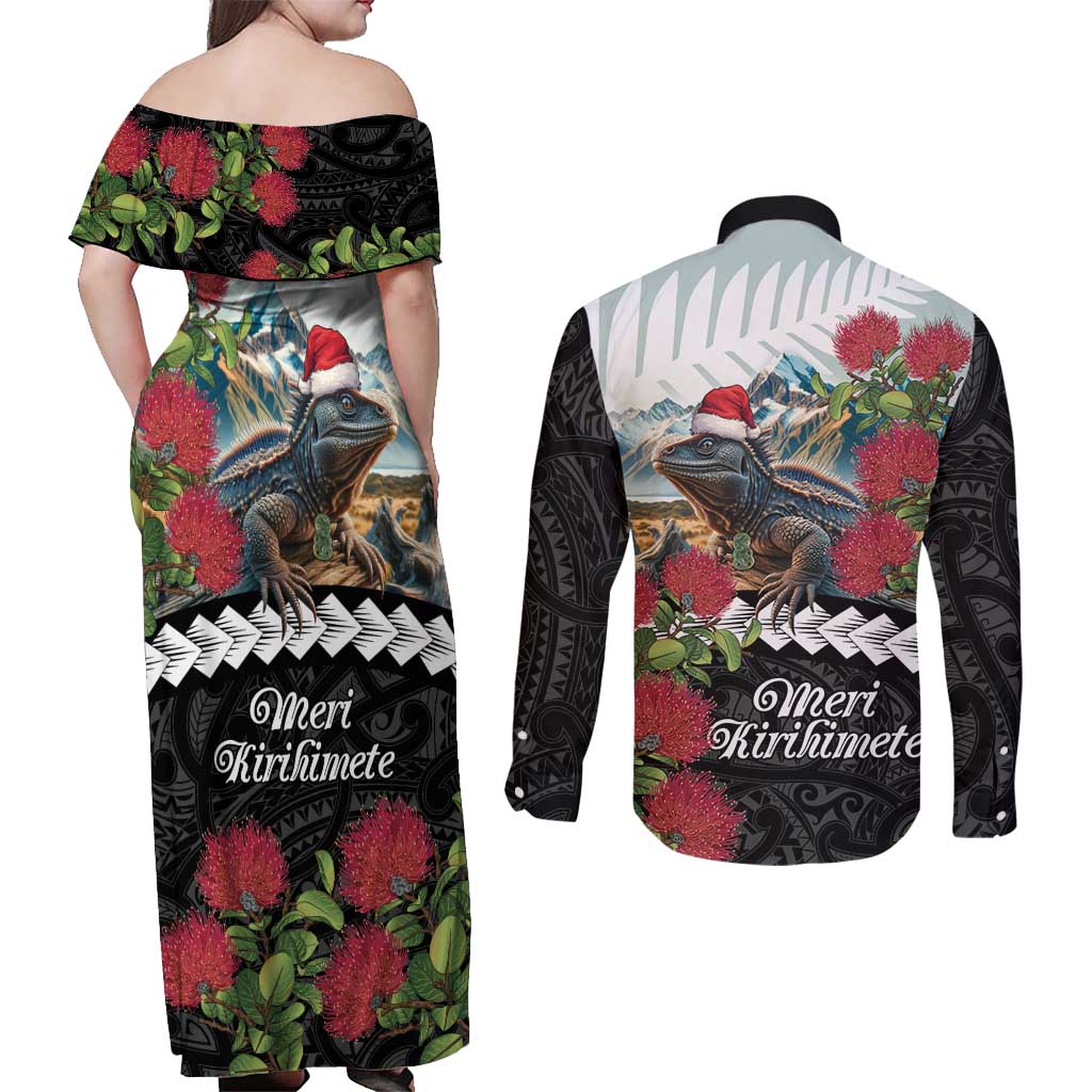 Meri Kirihimete Tuatara Couples Matching Off Shoulder Maxi Dress and Long Sleeve Button Shirt New Zealand Fern with Puhutukawa Flowers