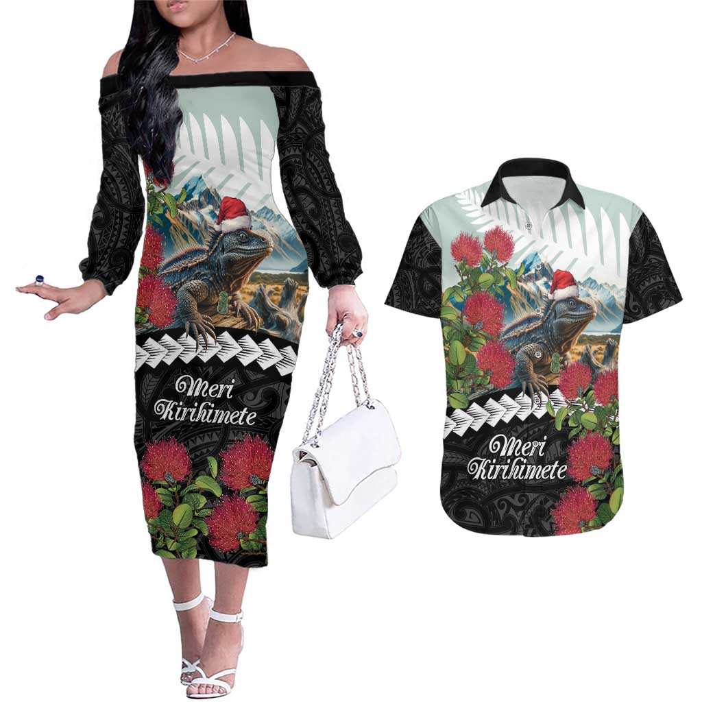 Meri Kirihimete Tuatara Couples Matching Off The Shoulder Long Sleeve Dress and Hawaiian Shirt New Zealand Fern with Puhutukawa Flowers