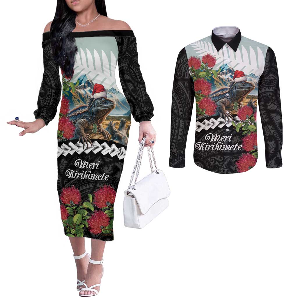 Meri Kirihimete Tuatara Couples Matching Off The Shoulder Long Sleeve Dress and Long Sleeve Button Shirt New Zealand Fern with Puhutukawa Flowers