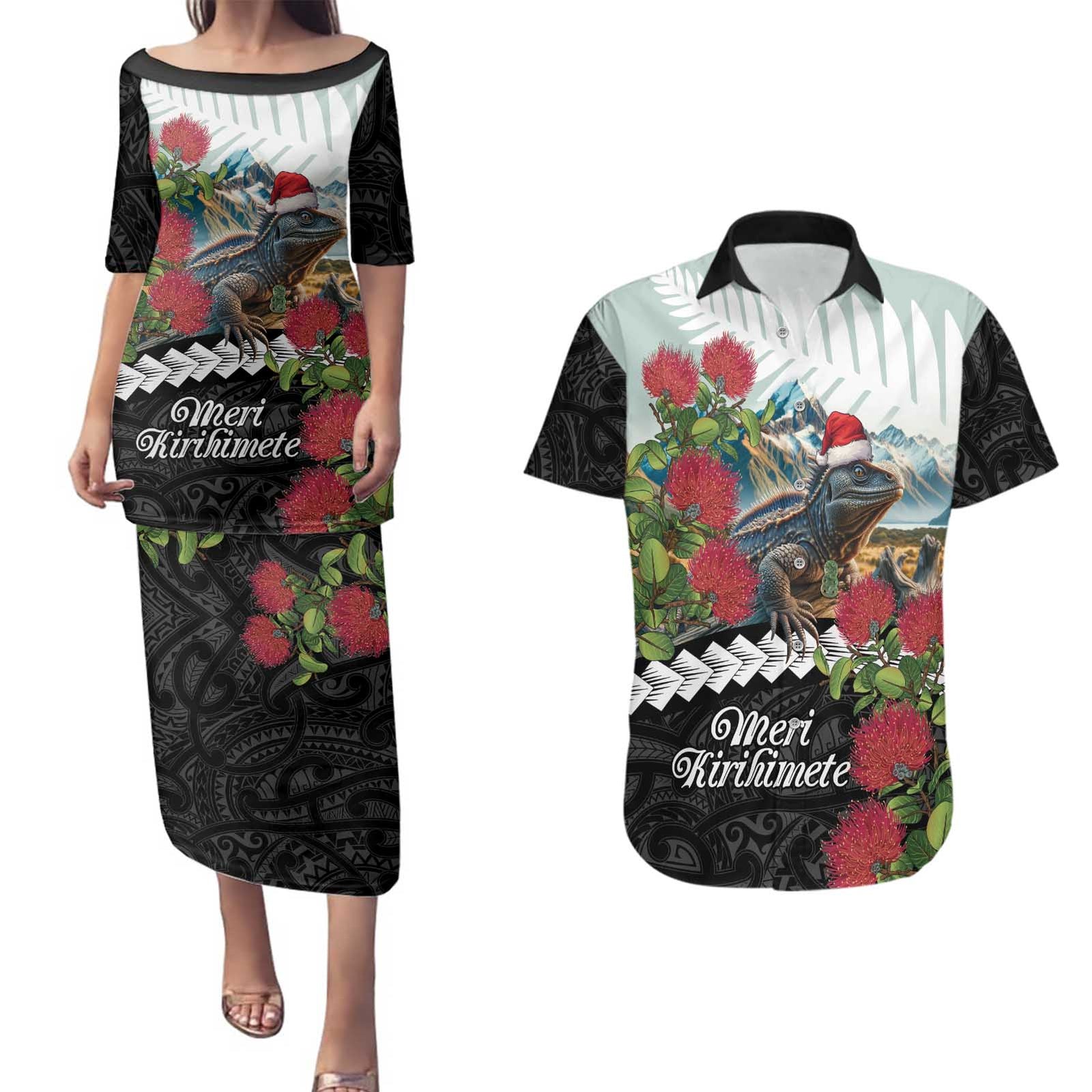 Meri Kirihimete Tuatara Couples Matching Puletasi and Hawaiian Shirt New Zealand Fern with Puhutukawa Flowers