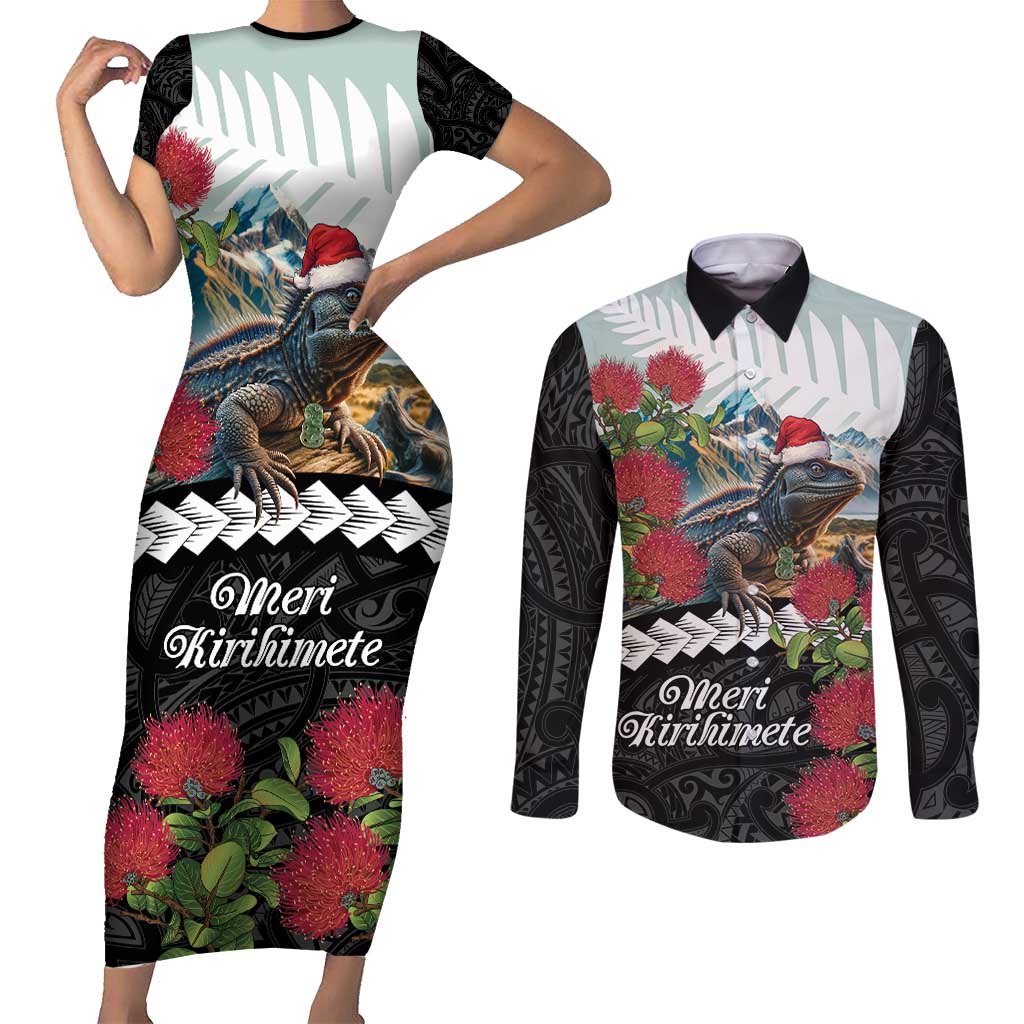 Meri Kirihimete Tuatara Couples Matching Short Sleeve Bodycon Dress and Long Sleeve Button Shirt New Zealand Fern with Puhutukawa Flowers