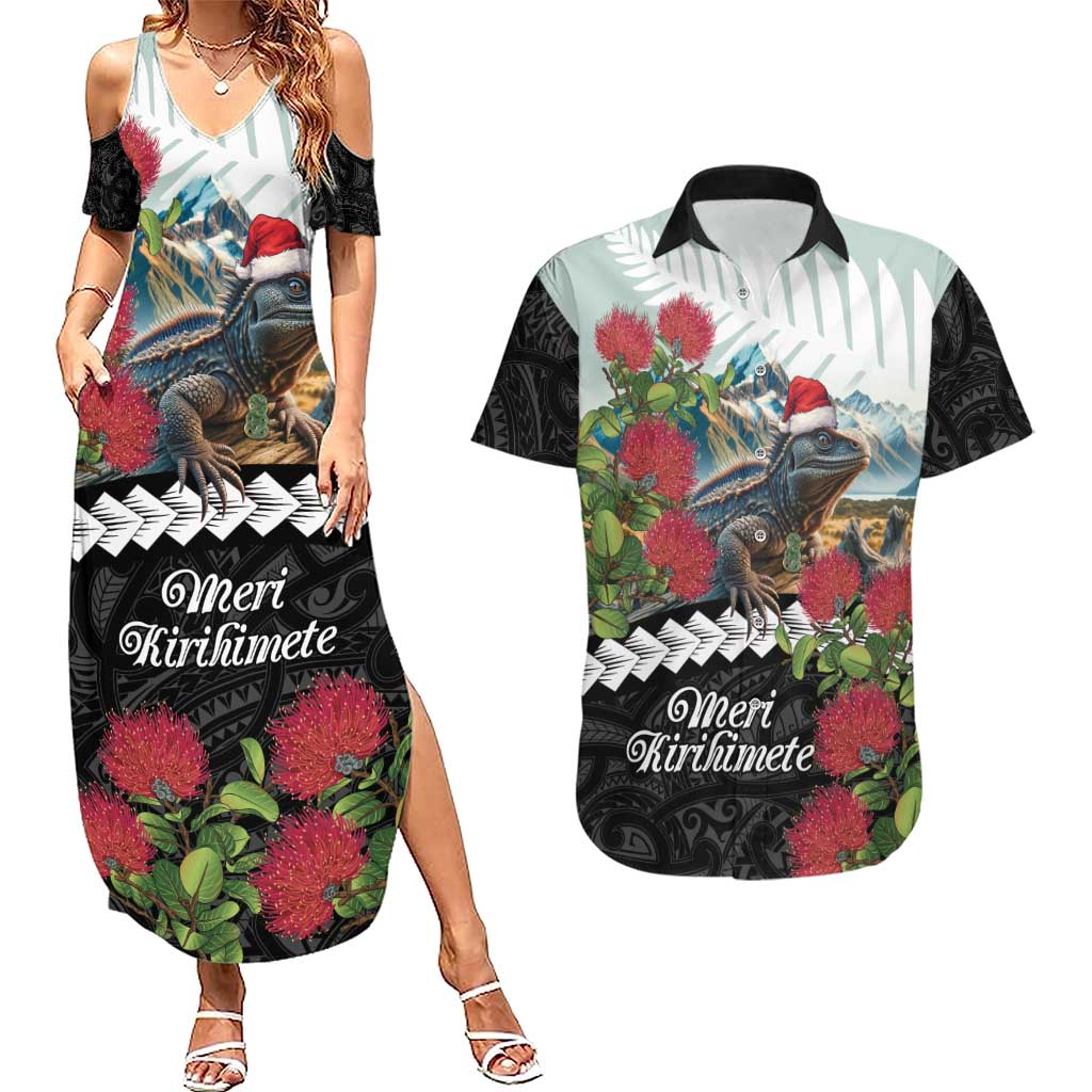 Meri Kirihimete Tuatara Couples Matching Summer Maxi Dress and Hawaiian Shirt New Zealand Fern with Puhutukawa Flowers