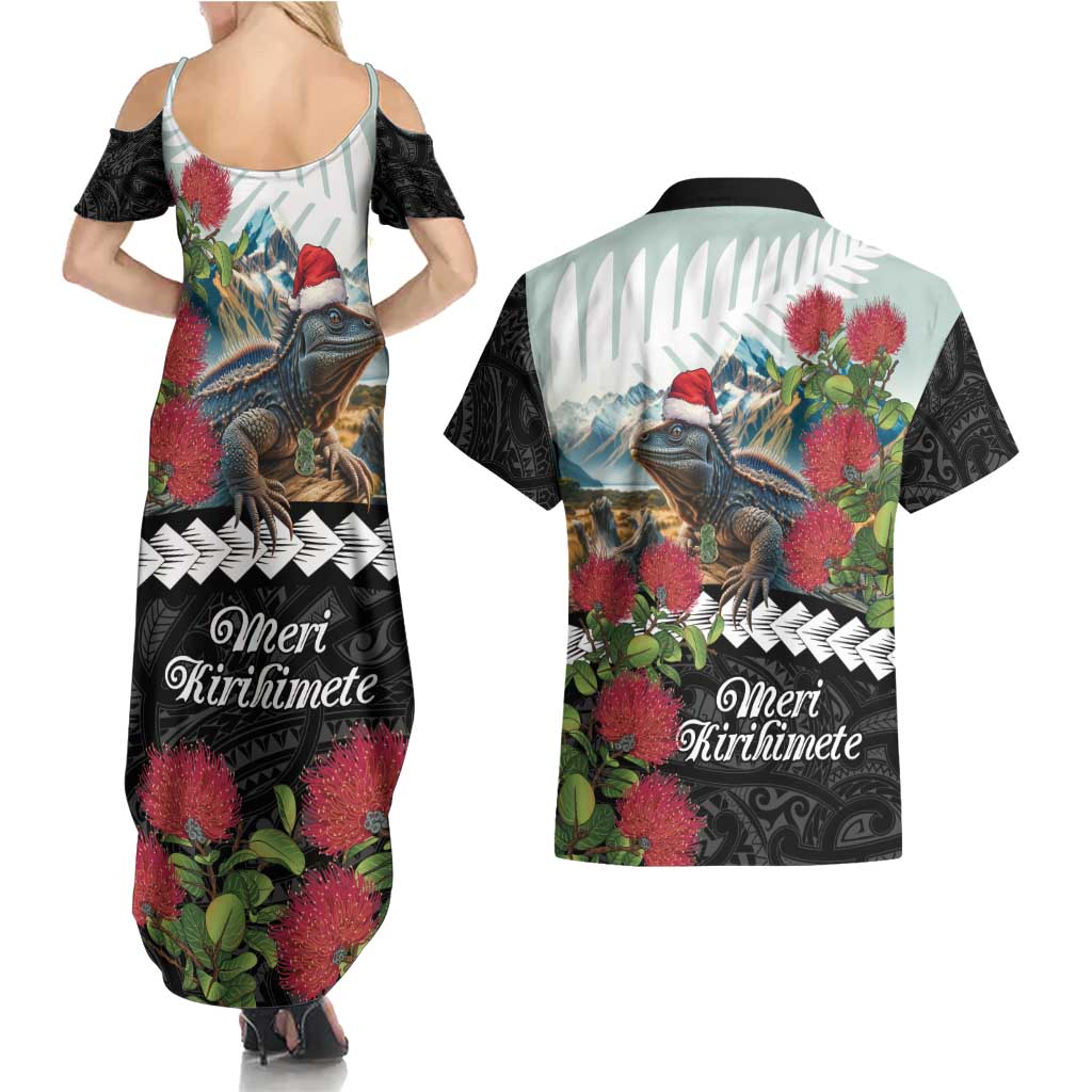 Meri Kirihimete Tuatara Couples Matching Summer Maxi Dress and Hawaiian Shirt New Zealand Fern with Puhutukawa Flowers