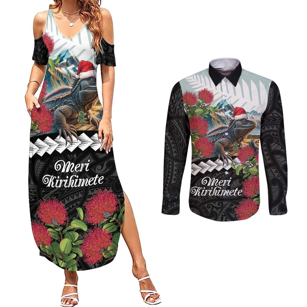 Meri Kirihimete Tuatara Couples Matching Summer Maxi Dress and Long Sleeve Button Shirt New Zealand Fern with Puhutukawa Flowers