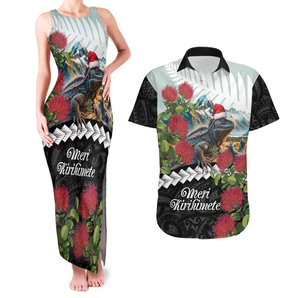 Meri Kirihimete Tuatara Couples Matching Tank Maxi Dress and Hawaiian Shirt New Zealand Fern with Puhutukawa Flowers
