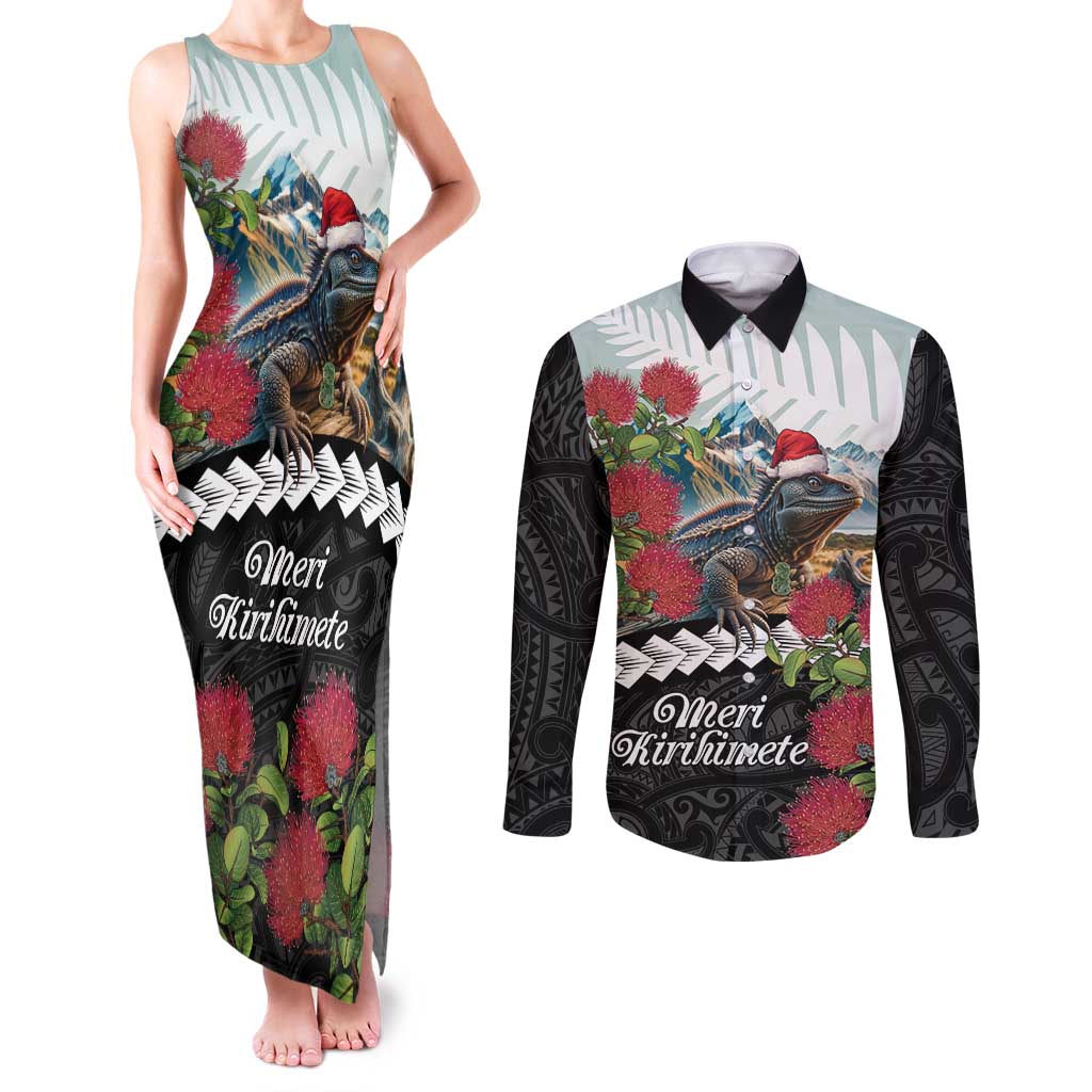 Meri Kirihimete Tuatara Couples Matching Tank Maxi Dress and Long Sleeve Button Shirt New Zealand Fern with Puhutukawa Flowers