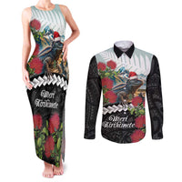 Meri Kirihimete Tuatara Couples Matching Tank Maxi Dress and Long Sleeve Button Shirt New Zealand Fern with Puhutukawa Flowers